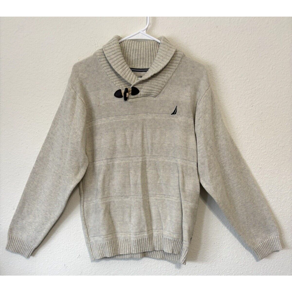 Nautica Youth Boys Shawl Collar Sweater‎ Beige Cotton Knit Toggle XL (18/20)